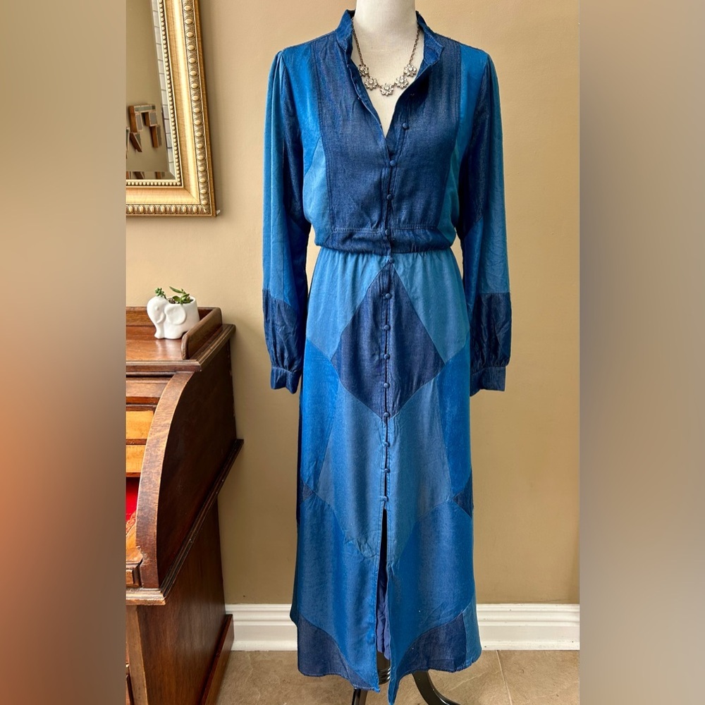 CEIBON Evita Patchwork Long Sleeve Shirt Dress Blue Size XL - Picture 4 of 13